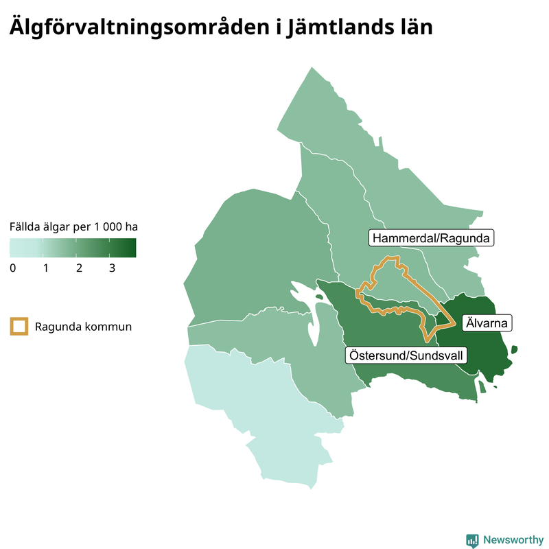 Fällda älgar per 1&nbsp;000 hektar Jämtlands län