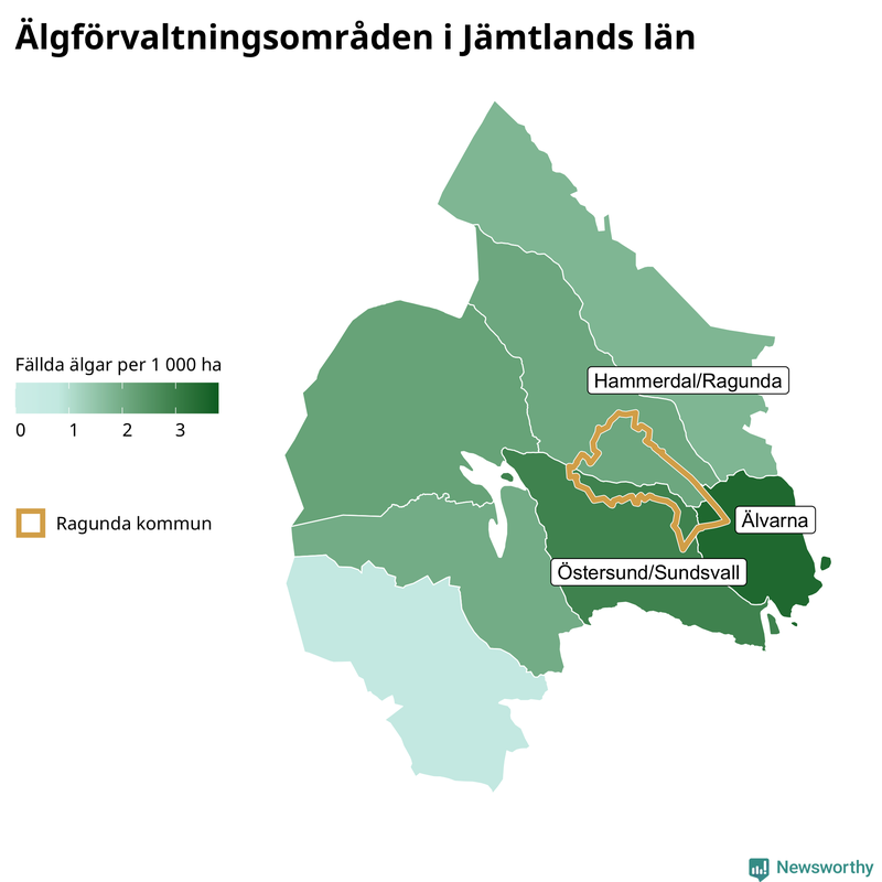 Fällda älgar per 1&nbsp;000 hektar Jämtlands län