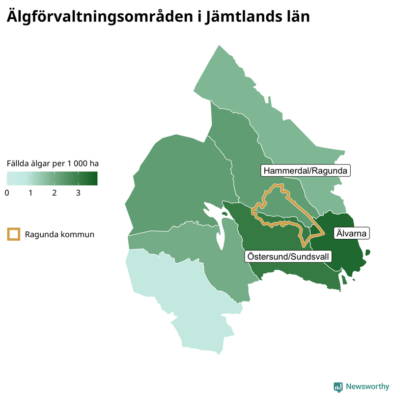 Fällda älgar per 1&nbsp;000 hektar Jämtlands län