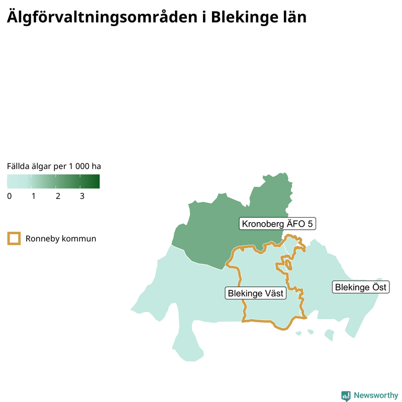 Fällda älgar per 1&nbsp;000 hektar Blekinge län