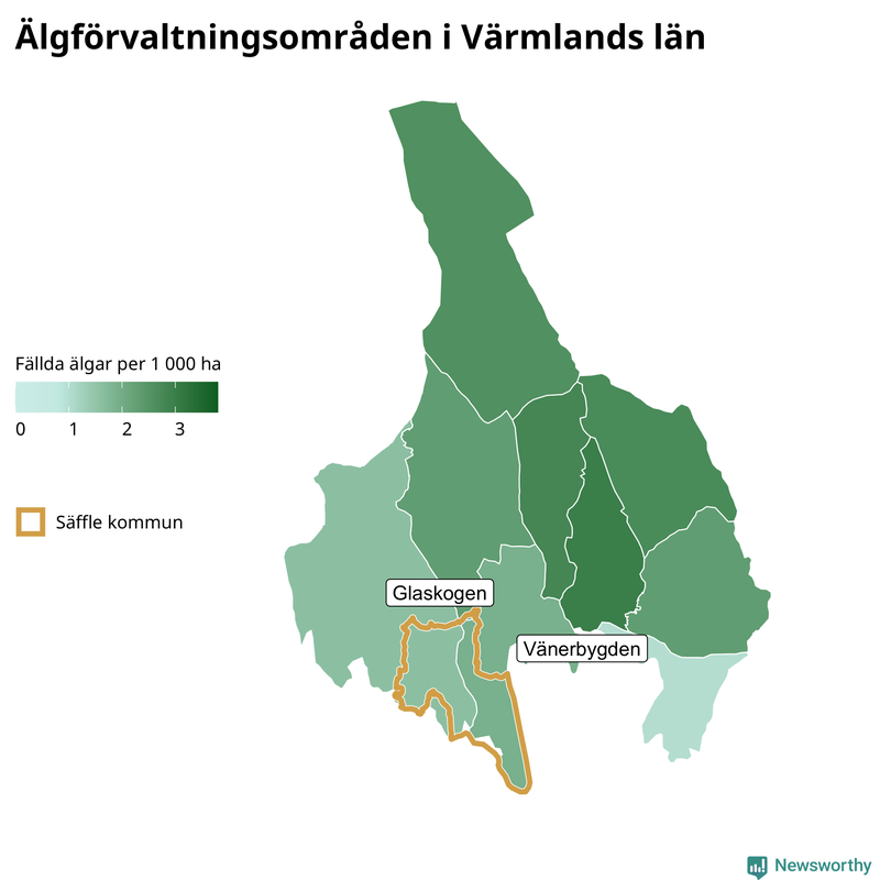 Fällda älgar per 1&nbsp;000 hektar Värmlands län