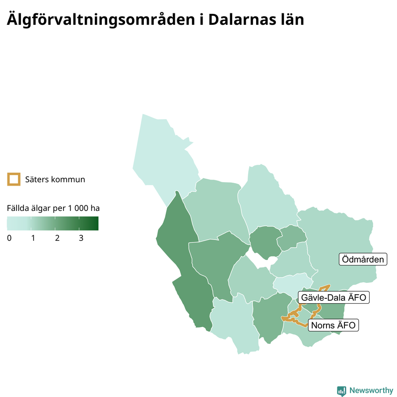 Fällda älgar per 1 000 hektar Dalarnas län
