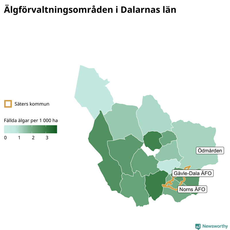 Fällda älgar per 1&nbsp;000 hektar Dalarnas län