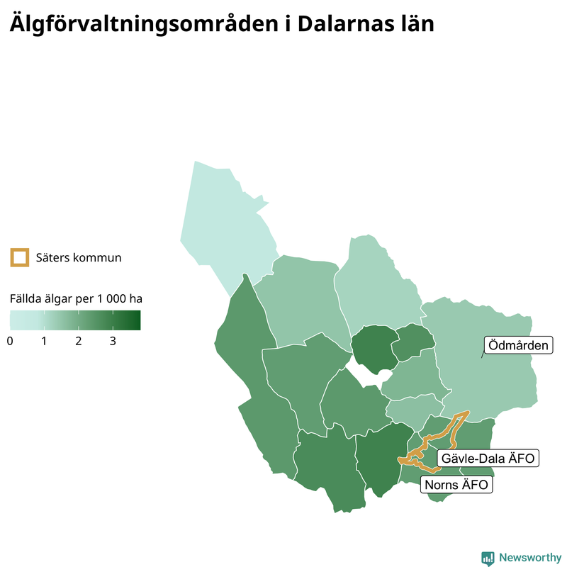 Fällda älgar per 1 000 hektar Dalarnas län