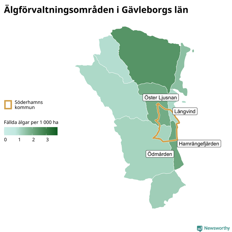 Fällda älgar per 1&nbsp;000 hektar Gävleborgs län