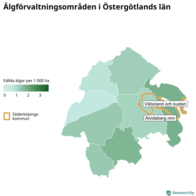 Fällda älgar per 1&nbsp;000 hektar Östergötlands län
