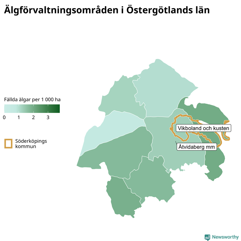 Fällda älgar per 1 000 hektar Östergötlands län