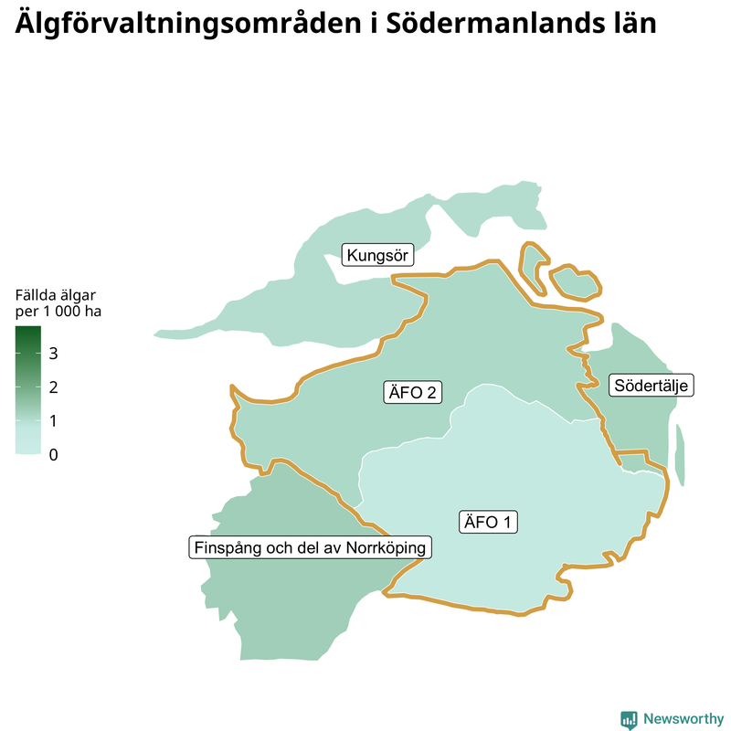 Fällda älgar per 1&nbsp;000 hektar Södermanlands län