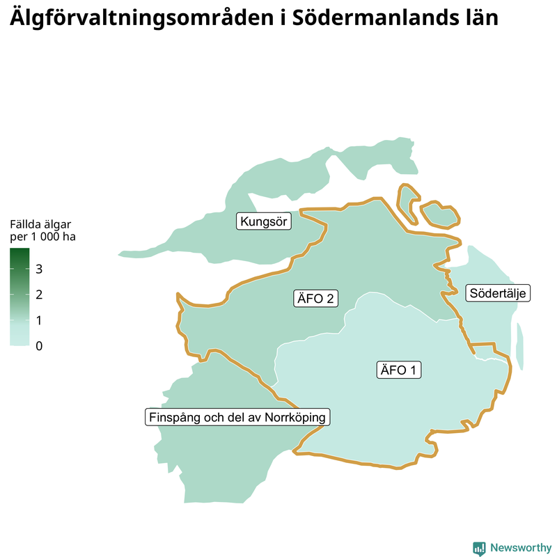 Fällda älgar per 1&nbsp;000 hektar Södermanlands län