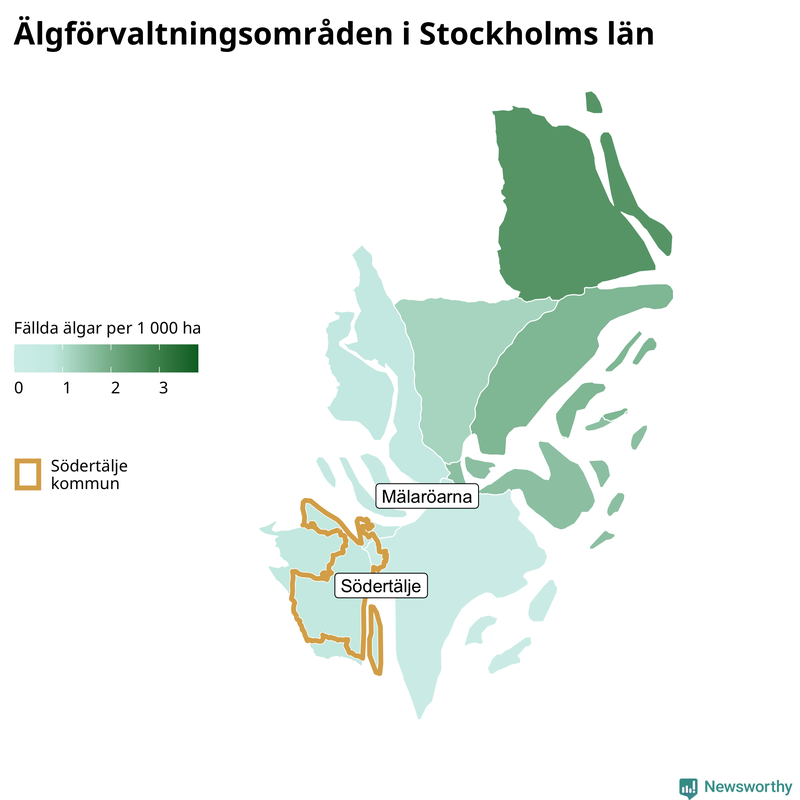 Fällda älgar per 1&nbsp;000 hektar Stockholms län