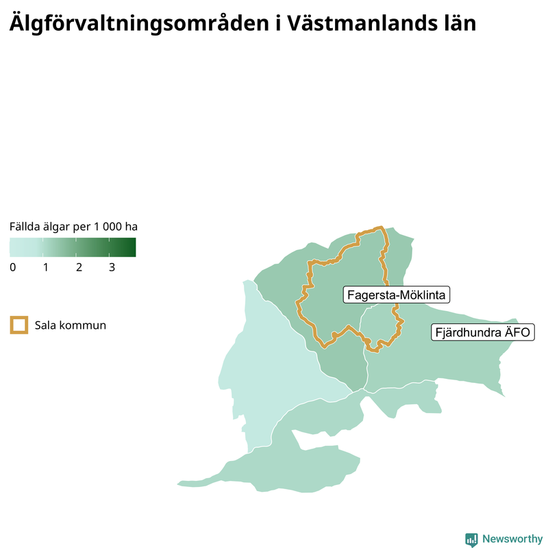 Fällda älgar per 1&nbsp;000 hektar Västmanlands län