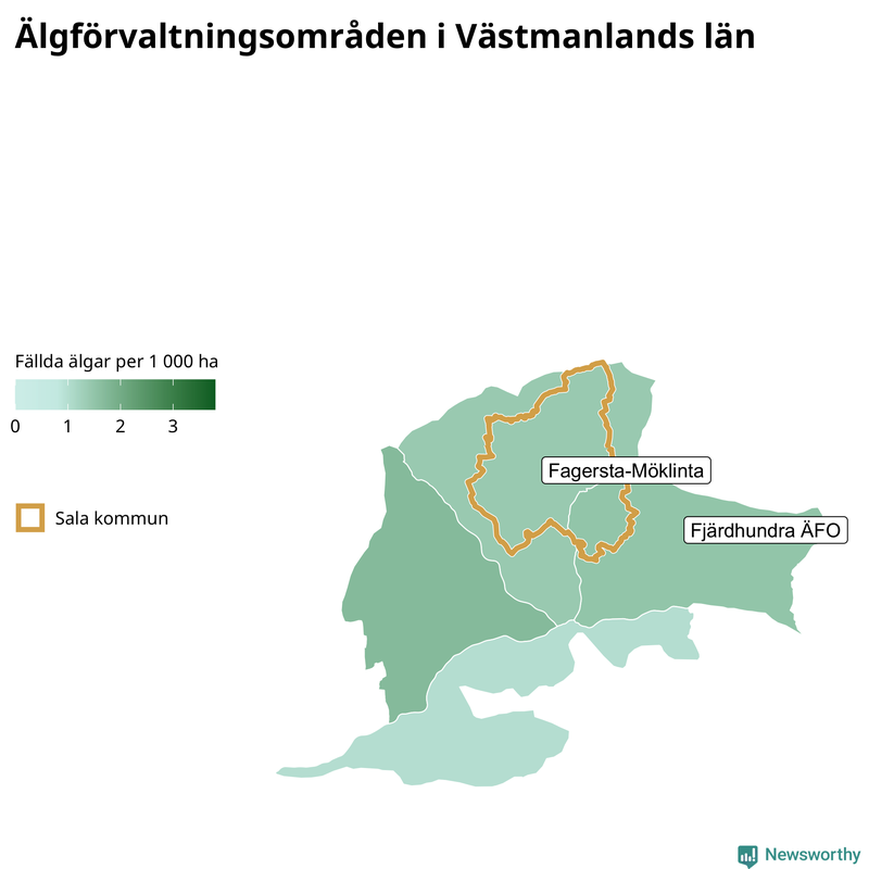 Fällda älgar per 1 000 hektar Västmanlands län