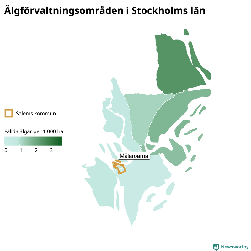 Fällda älgar per 1&nbsp;000 hektar Stockholms län