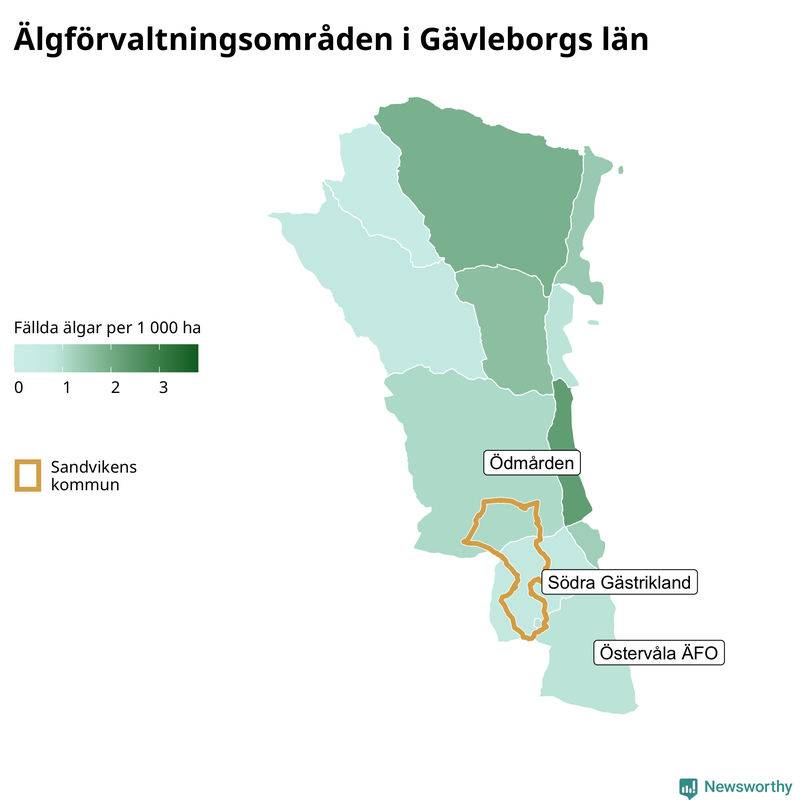 Fällda älgar per 1 000 hektar Gävleborgs län