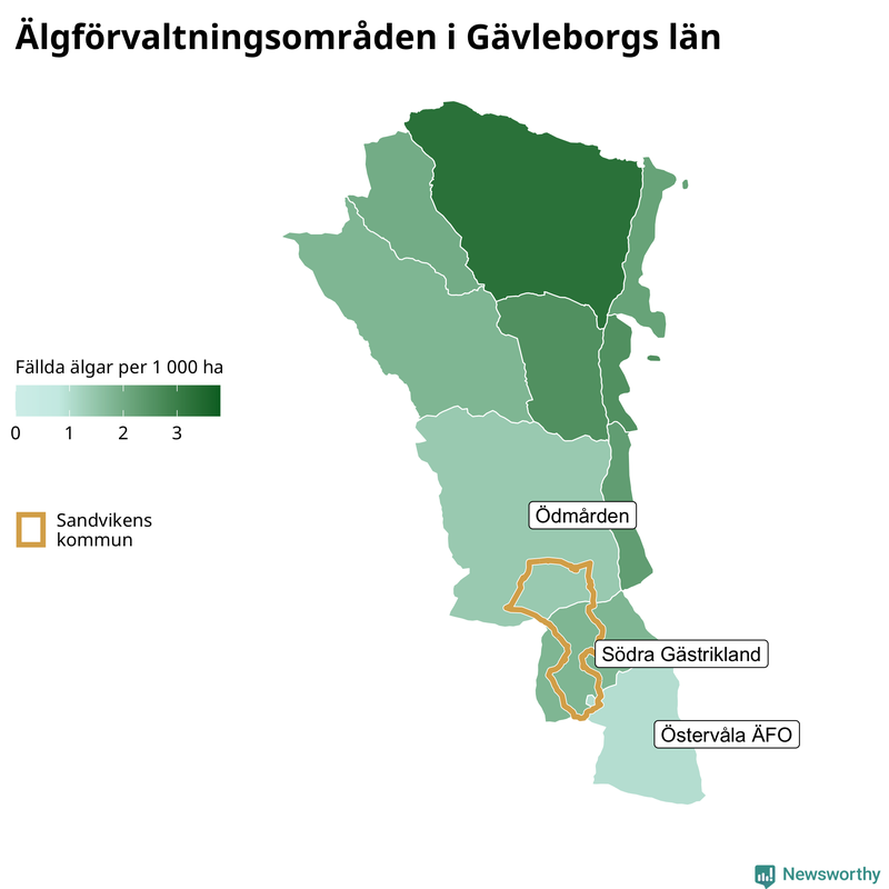 Fällda älgar per 1 000 hektar Gävleborgs län