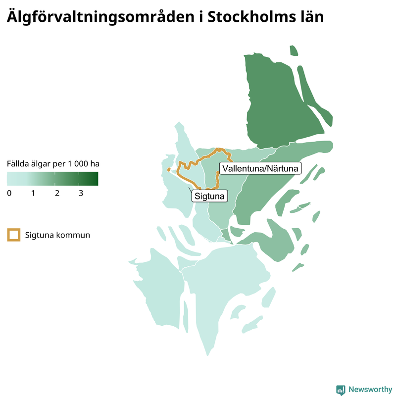 Fällda älgar per 1&nbsp;000 hektar Stockholms län