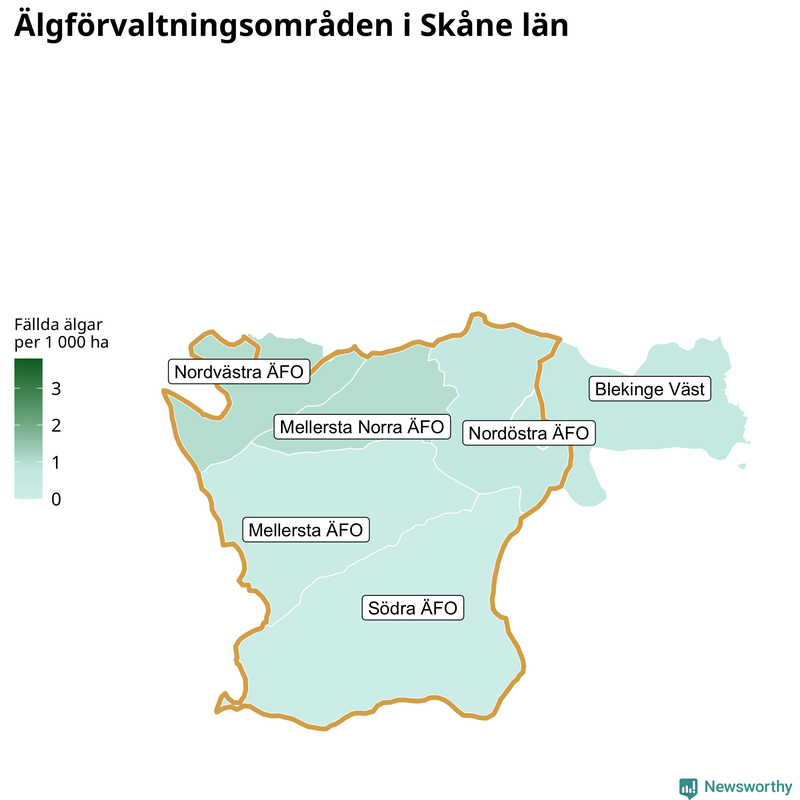 Fällda älgar per 1 000 hektar Skåne län