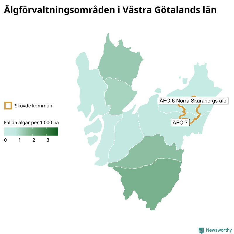 Fällda älgar per 1&nbsp;000 hektar Västra Götalands län