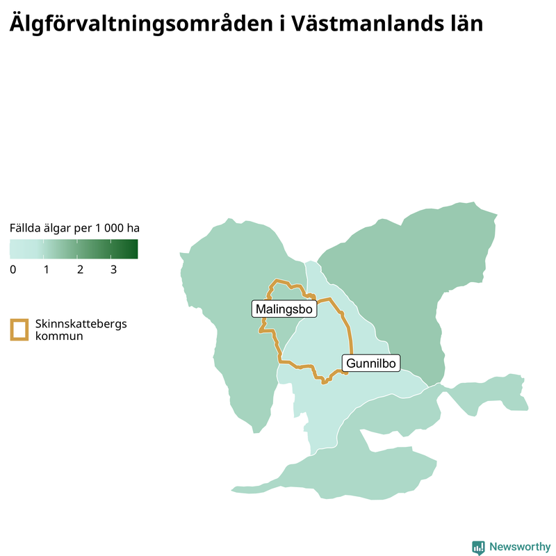 Fällda älgar per 1&nbsp;000 hektar Västmanlands län