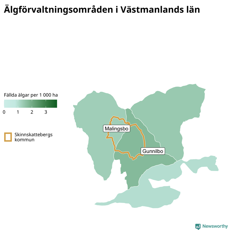 Fällda älgar per 1&nbsp;000 hektar Västmanlands län