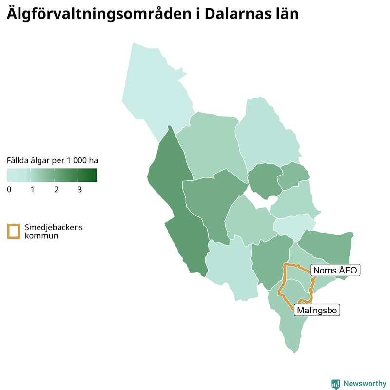 Fällda älgar per 1&nbsp;000 hektar Dalarnas län