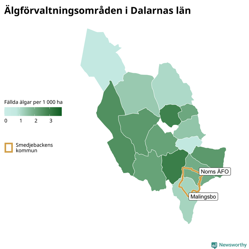 Fällda älgar per 1&nbsp;000 hektar Dalarnas län