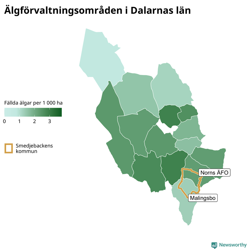 Fällda älgar per 1 000 hektar Dalarnas län
