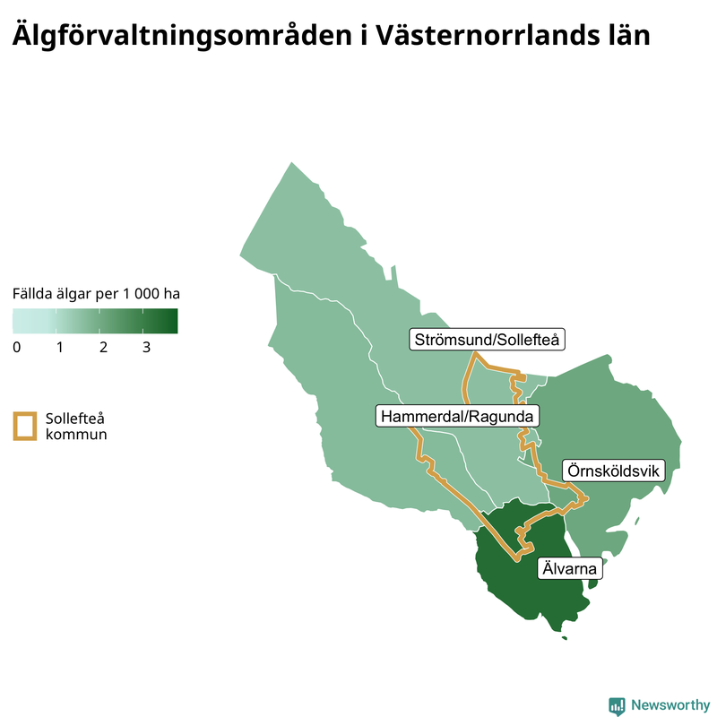 Fällda älgar per 1&nbsp;000 hektar Västernorrlands län