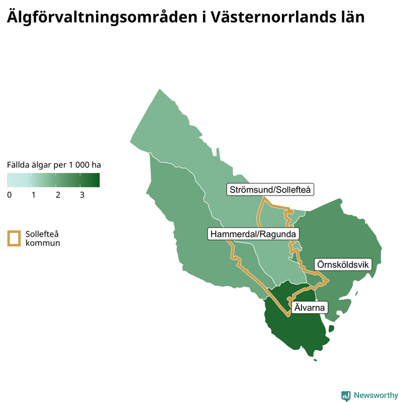 Fällda älgar per 1 000 hektar Västernorrlands län