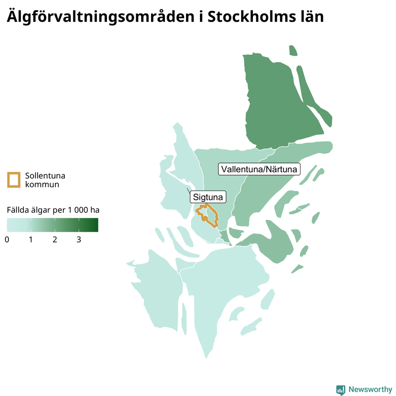 Fällda älgar per 1&nbsp;000 hektar Stockholms län