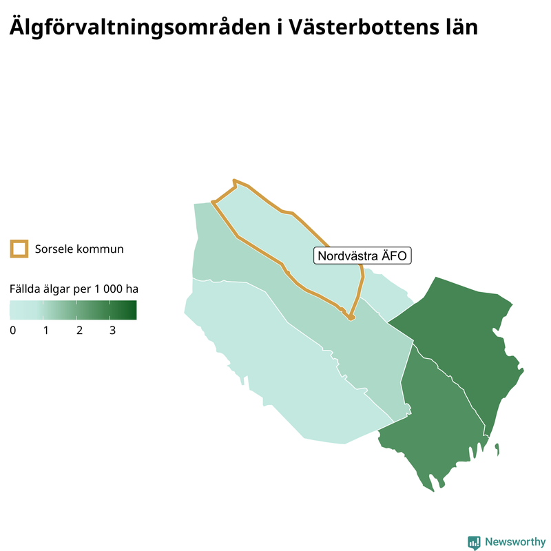 Fällda älgar per 1&nbsp;000 hektar Västerbottens län