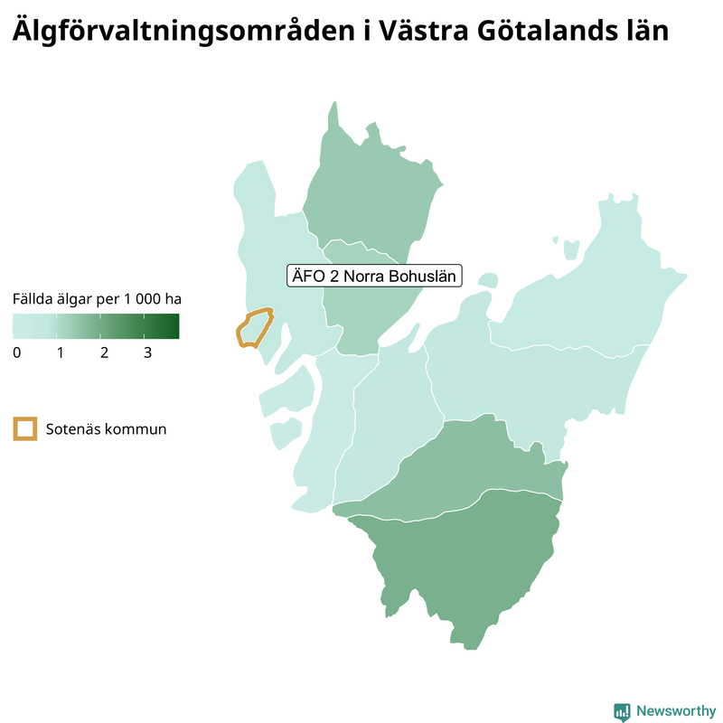 Fällda älgar per 1&nbsp;000 hektar Västra Götalands län