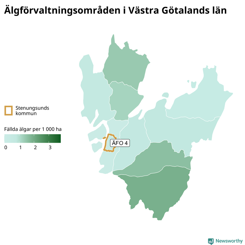 Fällda älgar per 1&nbsp;000 hektar Västra Götalands län