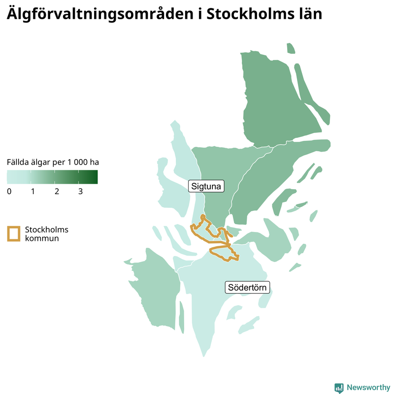 Fällda älgar per 1&nbsp;000 hektar Stockholms län