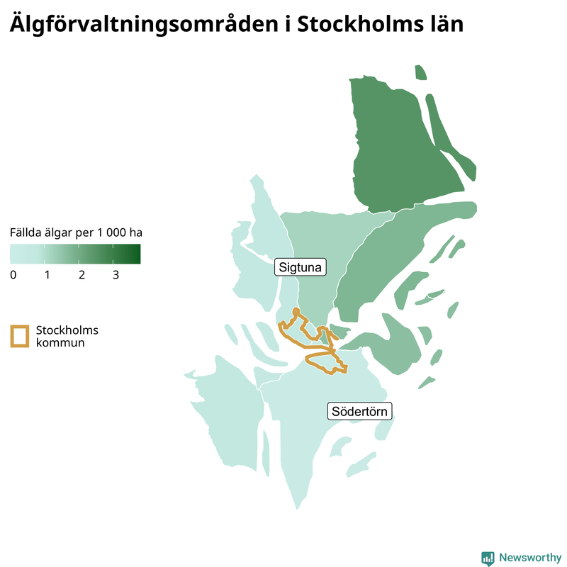 Fällda älgar per 1&nbsp;000 hektar Stockholms län