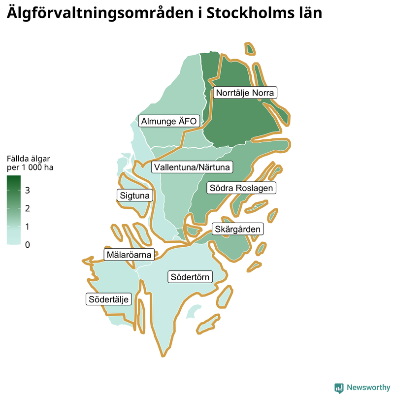 Fällda älgar per 1&nbsp;000 hektar Stockholms län