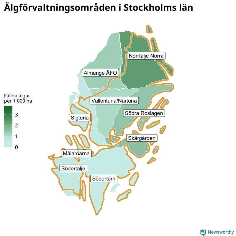 Fällda älgar per 1&nbsp;000 hektar Stockholms län