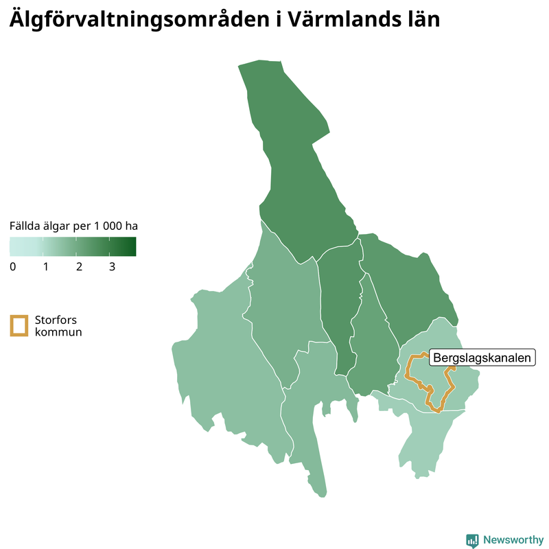 Fällda älgar per 1&nbsp;000 hektar Värmlands län
