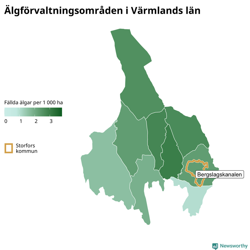 Fällda älgar per 1&nbsp;000 hektar Värmlands län