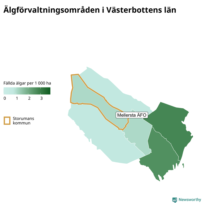 Fällda älgar per 1 000 hektar Västerbottens län
