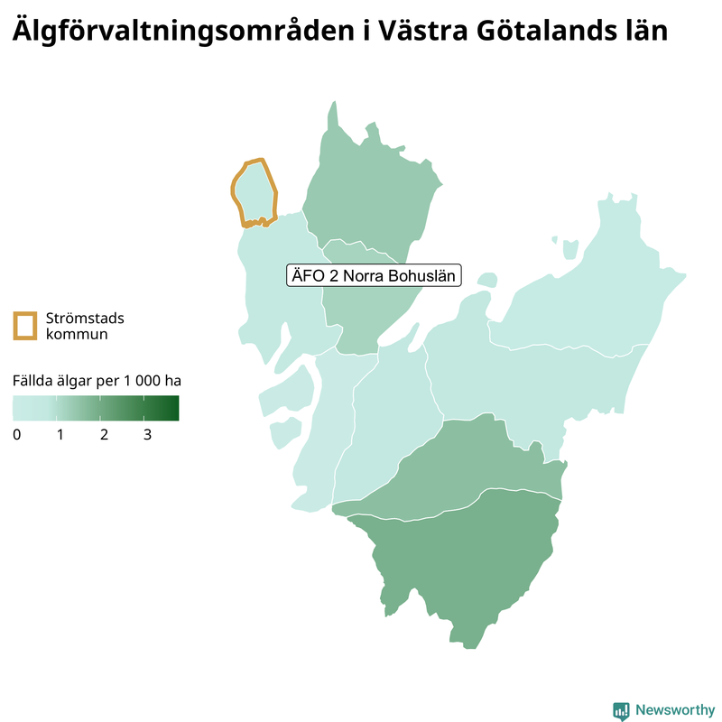 Fällda älgar per 1&nbsp;000 hektar Västra Götalands län