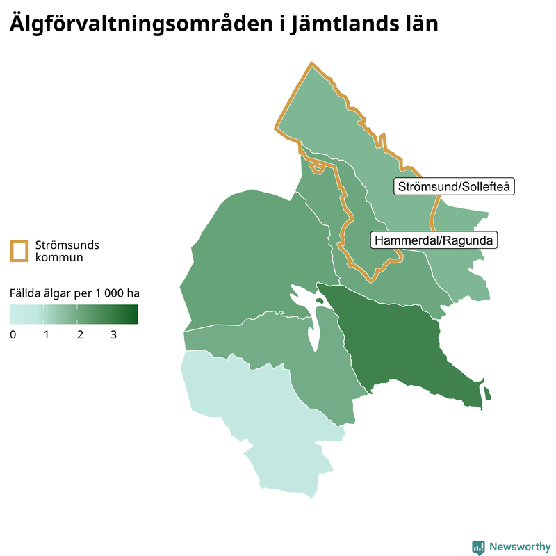 Fällda älgar per 1&nbsp;000 hektar Jämtlands län