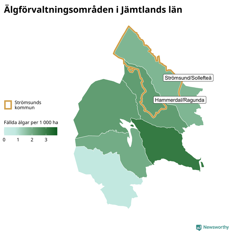 Fällda älgar per 1 000 hektar Jämtlands län