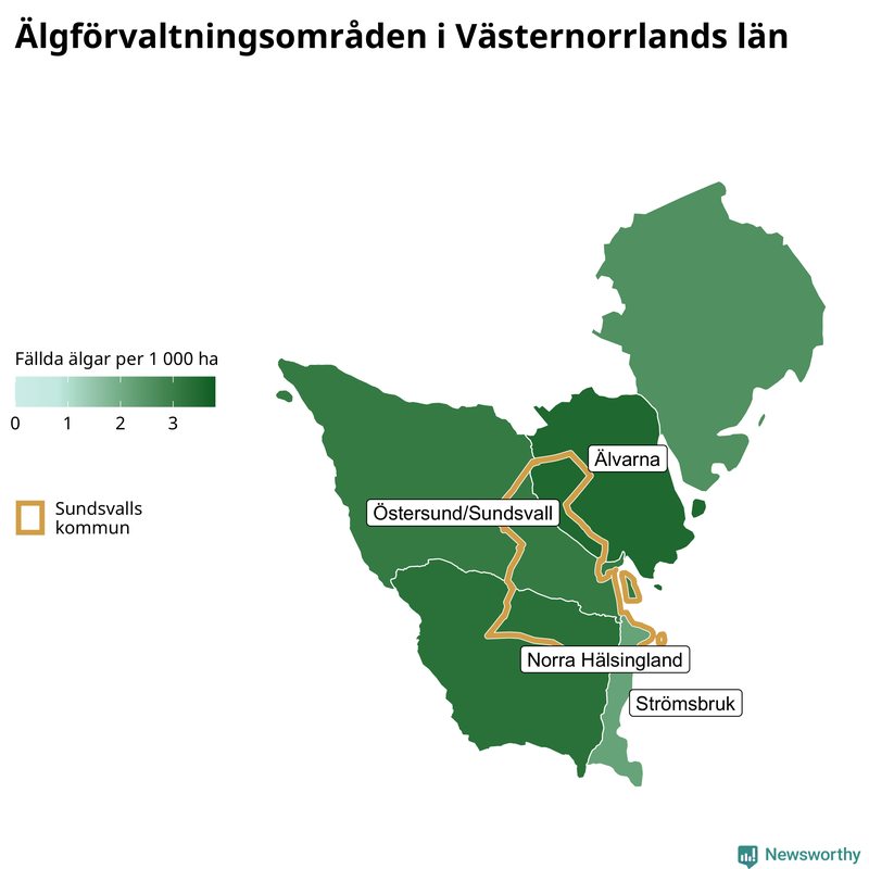 Fällda älgar per 1 000 hektar Västernorrlands län