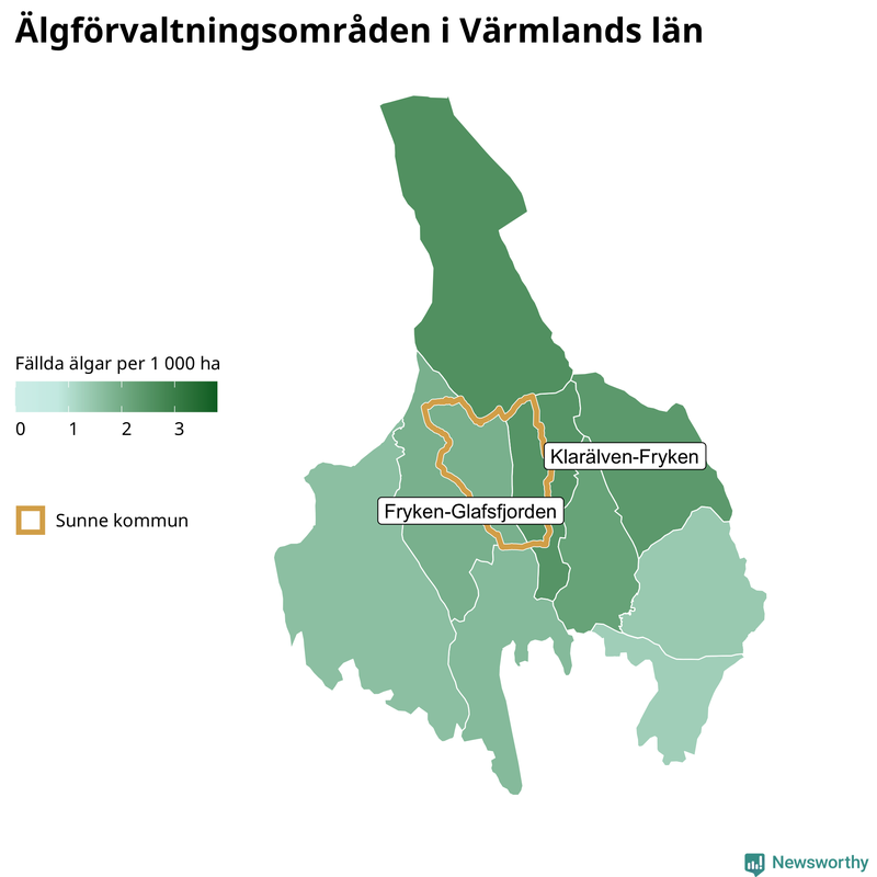 Fällda älgar per 1&nbsp;000 hektar Värmlands län