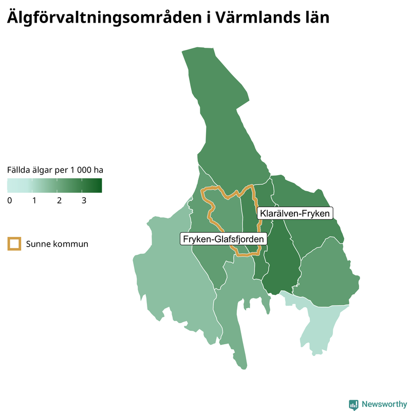 Fällda älgar per 1&nbsp;000 hektar Värmlands län