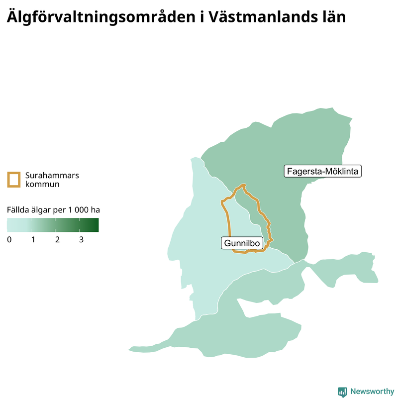 Fällda älgar per 1&nbsp;000 hektar Västmanlands län