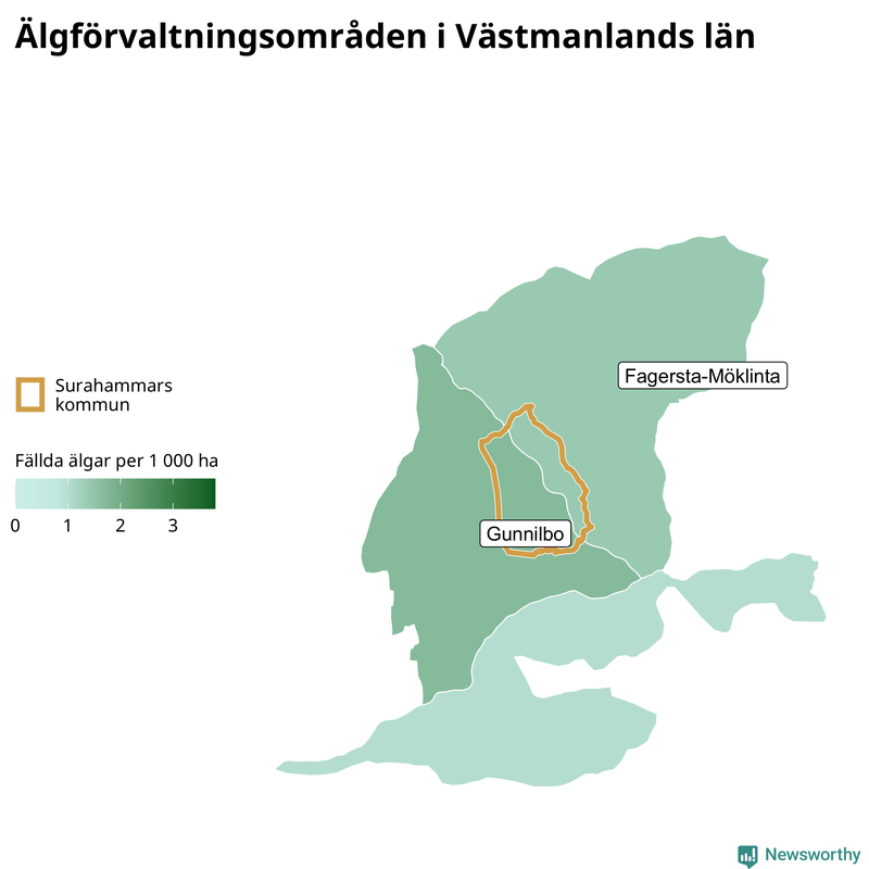 Fällda älgar per 1 000 hektar Västmanlands län