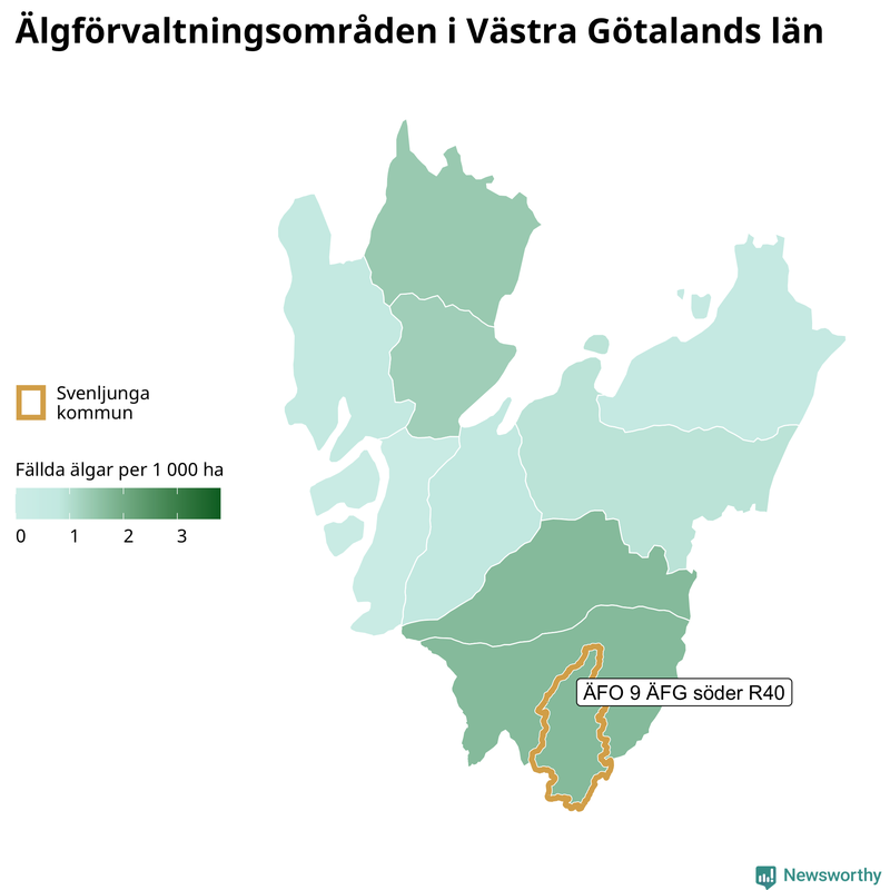 Fällda älgar per 1&nbsp;000 hektar Västra Götalands län