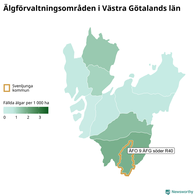 Fällda älgar per 1&nbsp;000 hektar Västra Götalands län